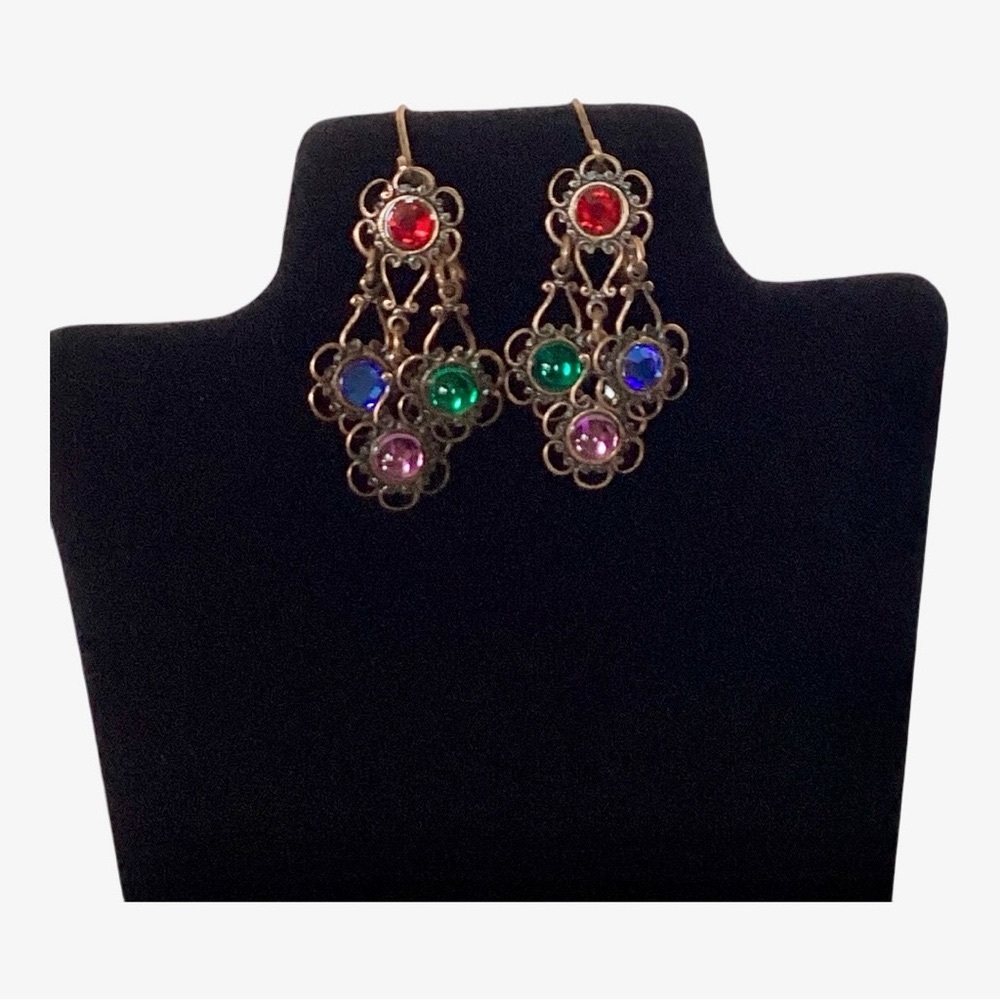 1928 Copper Tone Open Weave Chandelier Earrings Multicolor Rhinestones Vintage